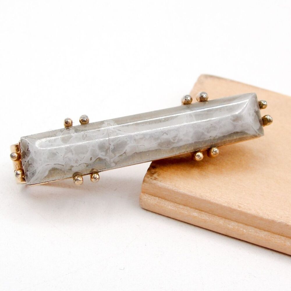 Vintage Gray Lace Agate Tie Clip Bar Prongs Mens Mid Century Retro Gold Tone